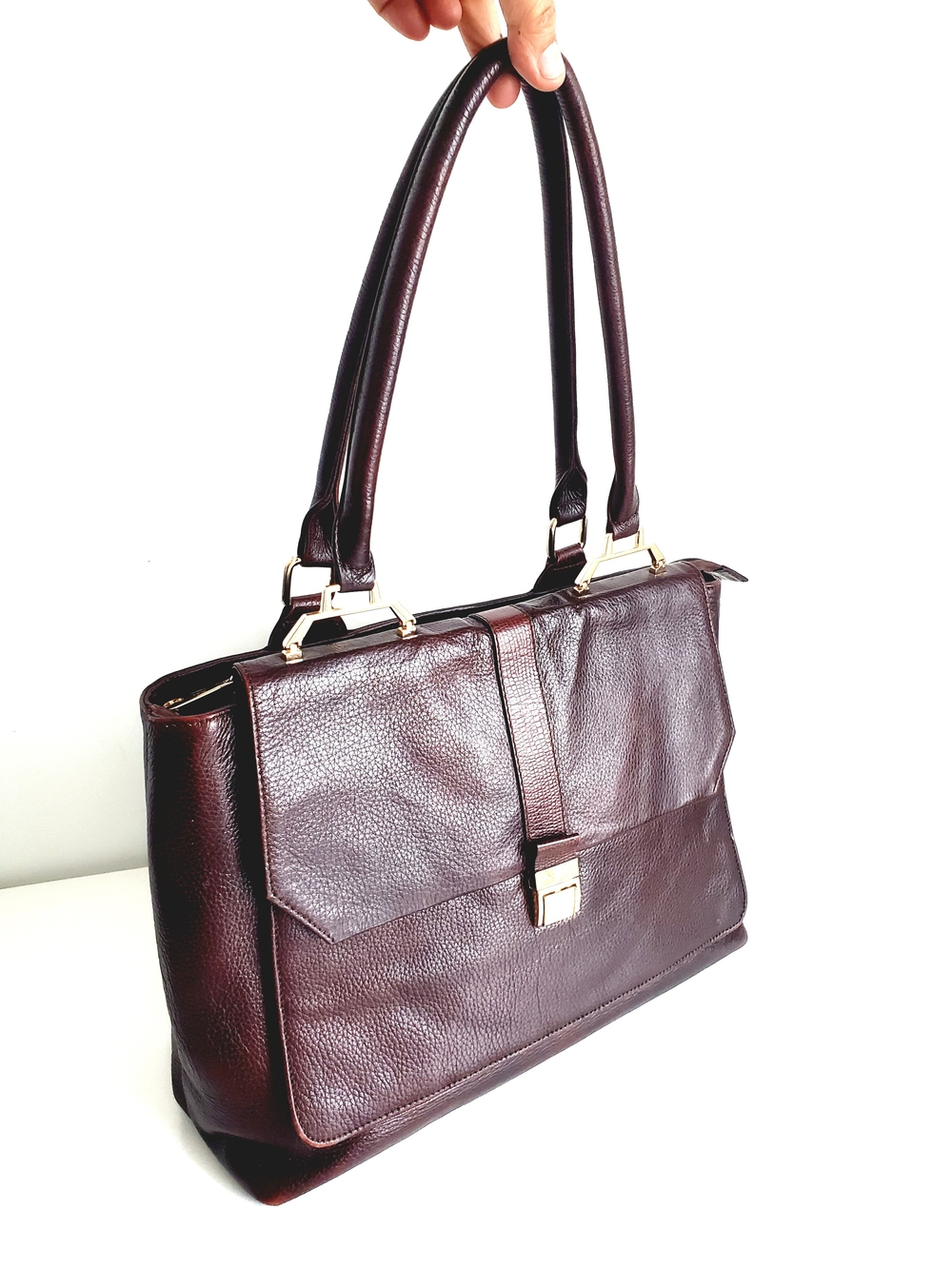 Roma Leather Shoulder Bag in Deep Burgundy with Gold Hardware